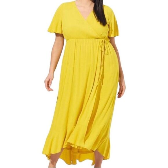 Torrid Maxi Rayon‎ Slub Surplice Wrap Dress Sulphur Plus Size 2X Boho Relax - Picture 1 of 13